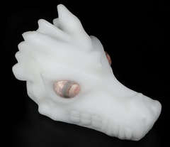 5.2" White Jade Carved Crystal Dragon Skull, Rhodochrosite Eyes, Crystal Healing