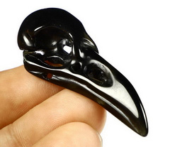 1.9" Black Obsidian Carved Raven Crystal Skull Pendant, Crystal Healing