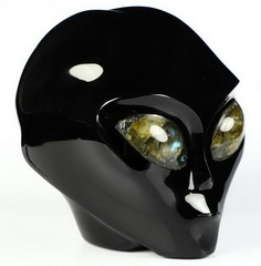 3.0" Black Obsidian Star Being Female Alien, Labradorite Eyes Crystal Skull Companion, Reiki Healing Stone Statue