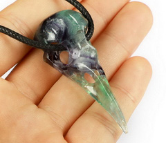 2.2" Fluorite Carved Crystal Raven Skull Pendant, Realistic