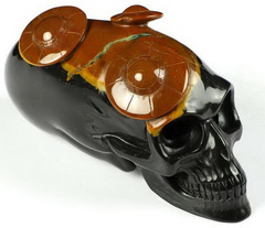 5.1" Red & Black Agate Carved Elongated Mayan Alien Crystal Skull & Flying saucer, Kingdom of Crystal Skulls, Crystal Healing