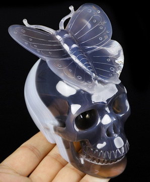 3.9" Gray & White Agate Carved Crystal Skull with Butterfly, Crystal Healing