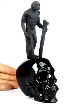 Collection 6.8" Black Obsidian Carved Crystal Skull with Ape Man,Super Realistic