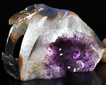 Amazing 7.2" Agate Amethyst Geode Carved Crystal Smilodon SABER-TOOTHED Tiger/Cat Skull