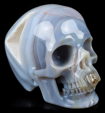 Huge Geode 5.1" Gray & White Agate Carved Crystal Skull,Super Realistic, Crystal Healing