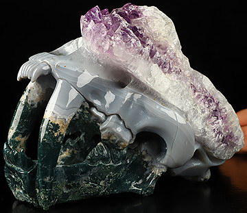 7.5" Amethyst & Agate Geode Carved Crystal Smilodon, Saber-Tooth Cat Skull, Crystal Healing