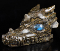 Huge 5.1" Stromatolite Fossil Carved Crystal Dragon Skull & Labradorite Eyes, Crystal Healing