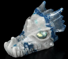 Huge 5.3" K2 Azurite Granite Carved Crystal Dragon Skull with Labradorite Eyes, Realistic