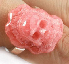GEMSTONE Ring Inside Diameter9.5(20 mm) Rhodochrosite Carved Crystal Skull Ring, 925 Sterling Silver, Crystal Healing