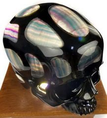 5.9" Black Obsidian & Fluorite Carved Crystal Skull Lamp Sculpture, Realistic, Crystal Healing