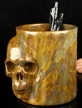 5.2" Bamboo Stone Carved Crystal Skull Storage, Coffee Jar、Pen Container