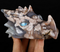 GEMSTONE 5.9" Sakura Agate Carved Crystal Dragon Skull, Labradorite Eyes