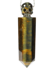 Gemstone 3.3" Blue & Gold Tiger's Eye Carved Crystal Skull Point Pendant, Crystal Healing