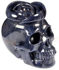 5.0" Royal Dumortierite Hand Carved Crystal Skull and Flower Fine Art Sculpture, Crystal Healing