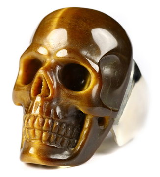 Ring Inside Diameter11(21 mm) Gold Tiger's Eye Carved Crystal Skull Ring with Sterling Silver, Crystal Healing