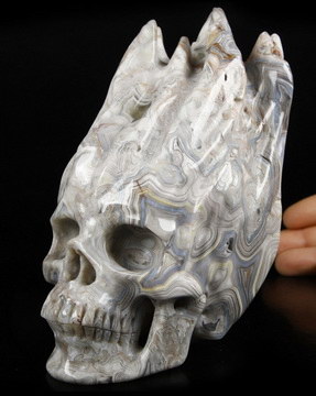 5.8" Crazy Lace Agate Carved Crystal Fire Skull, Realistic, Crystal Healing