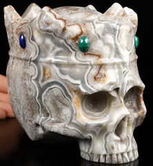 5.2" Crazy Lace Agate Carved Crystal Crown Skull & Malachite、Lapis Lazuli、Red Jasper Inlay