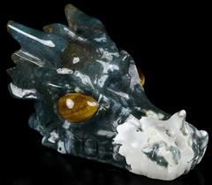 Huge 5.0" Green Moss Agate Carved Crystal Dragon Skull & Tiger Eye Eyes, Crystal Healing