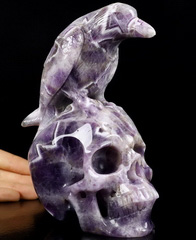 6.5" Dream Chevron Amethyst Carved Crystal Skull & Raven Sculpture, Crystal Healing