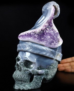 Merry Christmas 9.2" Amethyst & Agate Carved Crystal Skull, Crystal Healing