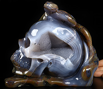 8.2" Agate Geode Hand Carved Crystal Skull&Snake Fine Art Sculpture, Crystal Healing