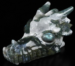 5.0" Green Moss Agate Carved Crystal Dragon Skull, Labradorite Eyes