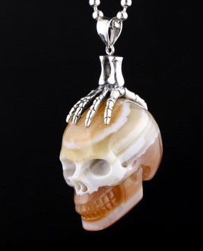 1.5" Agate Carved Crystal Skull Pendant with 925 Hand Bone, Crystal Healing