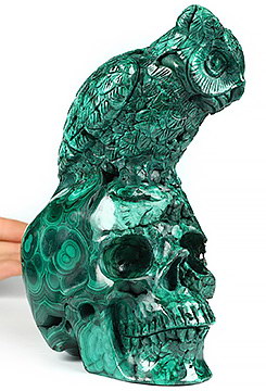 Gemstone 6.5" Malachite Carved Crystal Skull & Owl Sculpture, Crystal Healing