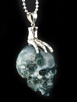 1.6" Green Moss Agate Carved Crystal Skull Pendant with 925 Sterling Silver Chain,Realistic, Crystal Healing
