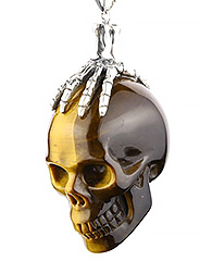 Two Faces 1.6" Gold Tiger's Eye Carved Crystal Skull Pendant with 925 Sterling Silver Chain,Realistic, Crystal Healing