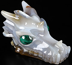 5.1" Premium Brazilian Agate Carved Crystal Dragon Skull with Malachite Eyes,Super Realistic, Crystal Healing