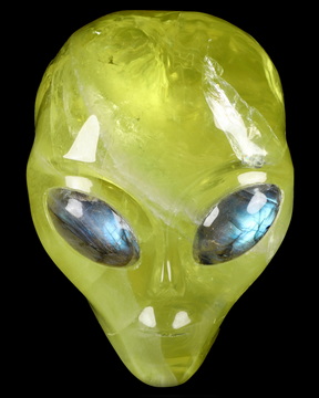 GEMSTONE 4.3" Citrine Crystal Skull Companion with Labradorite Eyes， Star Being Female Alien Reiki Healing Stone Statue