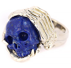 US Size (18 mm) Lapis Lazuli Carved Crystal Skull Ring, 925 Sterling Silver, Crystal Healing