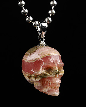 Necklace of 0.5" Rhodochrosite Hand Carved Crystal Skull Pendant, Skull Jewelry