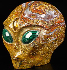 GEMSTONE 4.1" Indian Agate Crystal Skull Companion Star Being Female Alien, Amber Heaven Eye, Malachite Eyes