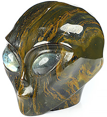 4.1" Tiger Iron Eye Crystal Skull Companion Star Being Female Alien,Reiki Healing Stone Statue, Labradorite Eyes