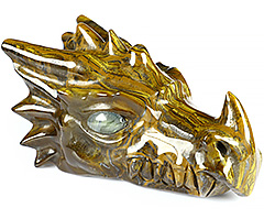 5.7" Tiger Iron Eye Carved Crystal Dragon Head Skull & Labradorite Eyes, Crystal Healing