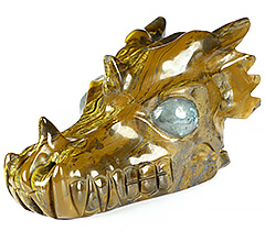 5.4" Tiger Iron Eye Carved Crystal Dragon Skull, Labradorite Eyes