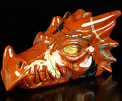 5.7" Red Jasper Carved Crystal Dragon Skull, Gemstone Amber Eyes