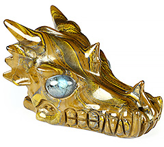 5.3" Tiger Iron Eye Carved Crystal Dragon Skull with Labradorite Eyes, Crystal Healing