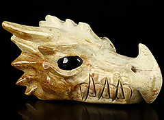 6.1" Petrified Wood Carved Crystal Dragon Head Skull with Black Obsidian Eyes,Realistic, Crystal Healing