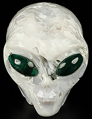 4.1" Agate Geode Crystal Skull Companion with Malachite Eyes， Star Being Female Alien Reiki Healing Stone Statue