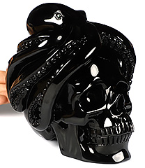 6.1" Black Obsidian Carved Crystal Skull & Octopus with Emerald Eyes, Crystal Healing