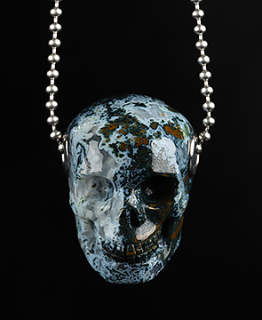 Necklace of 1.2" Green Moss Agate Hand Carved Crystal Skull Pendant, Skull Jewelry