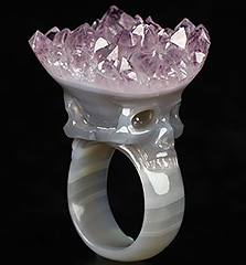 US Size #8 Amethyst & Agate Carved Crystal Skull Ring, Crystal Healing