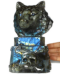 6.9" Flash Labradorite Carved Crystal Skull & Wolf, Crystal Healing