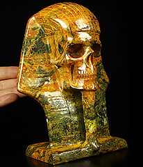 The Pharaoh 6.9" Orpiment Carved Crystal Skull, Crystal Healing