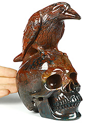 6.5" Bloodstone Carved Crystal Skull & Raven Sculpture, Crystal Healing