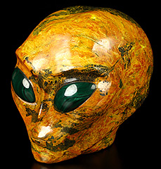 4.0" Orpiment Crystal Skull Companion with Malachite Eyes， Star Being Female Alien Reiki Healing Stone Statue