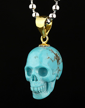 0.5" Turquoise Carved Crystal Skull Pendant With, 18k Gold Buckle, 925 Sterling Silver Chain, Crystal Healing
